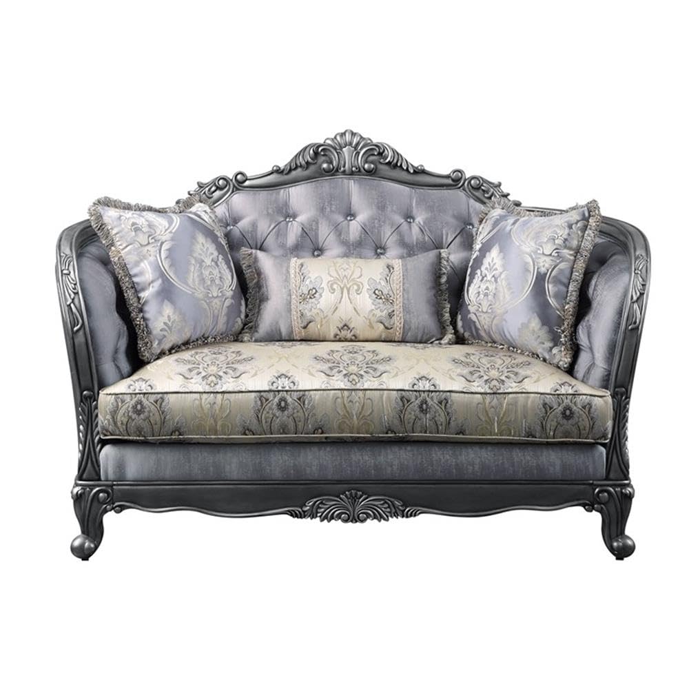 Acme Ariadne Fabric Tufted Loveseat with 3 Pillows in Platinum Gray